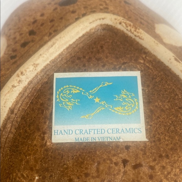 Vietnam Handmade Ceramic Geode Pottery Trinket Dish Crackled Leaf Taupe Aqua Grn - Picture 3 of 5
